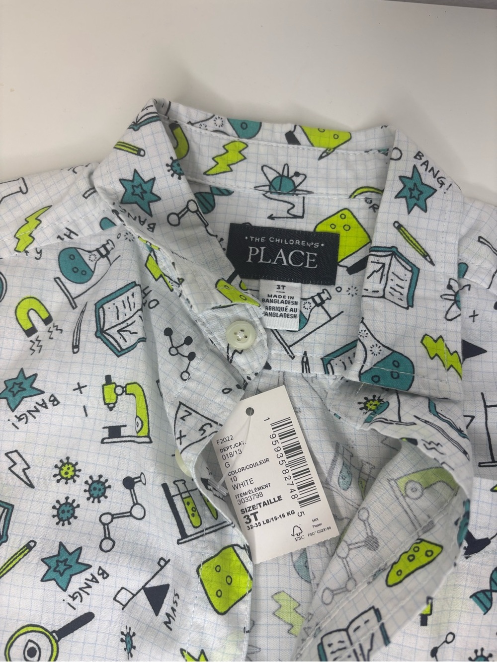 The Children's Place White Button-Down Shirt with Green & Teal Science Prints